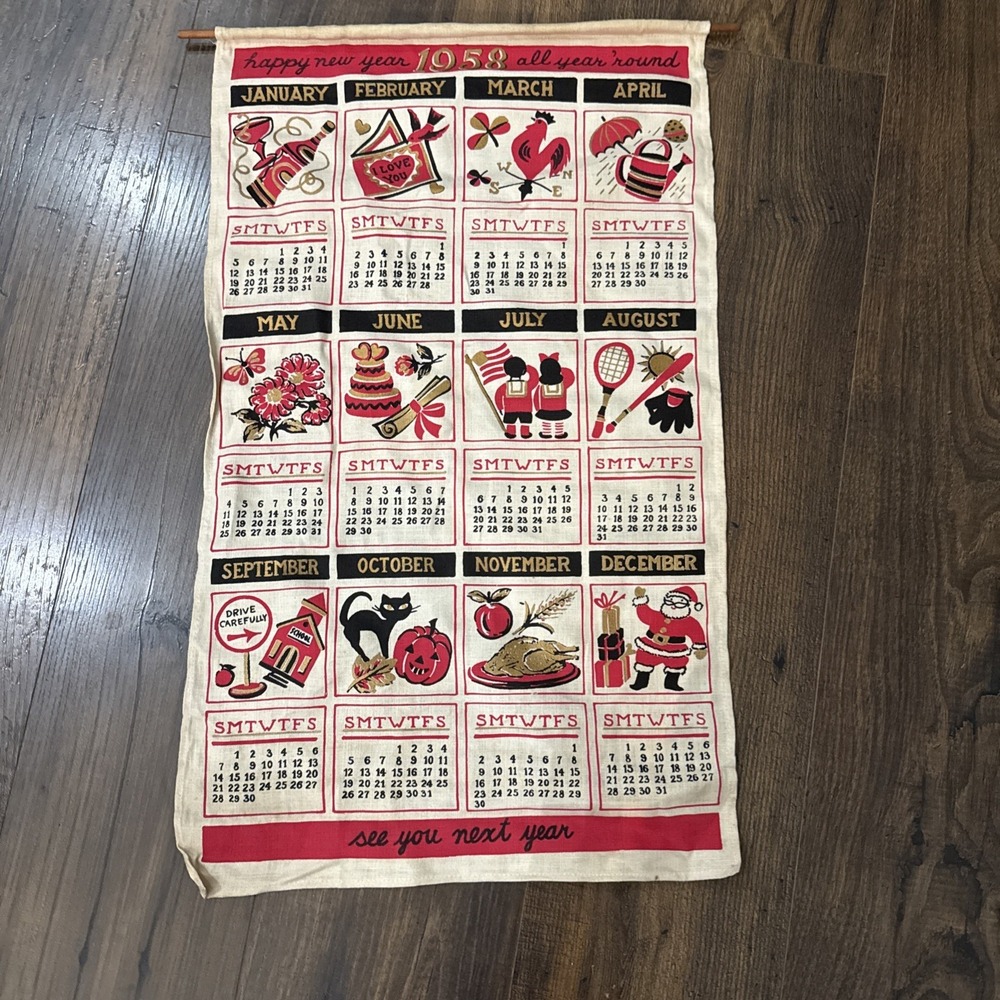 1958 Linen Calendar Tea Towel 27x16